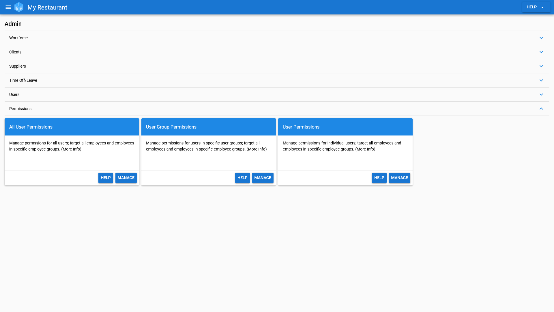 The OneBoxBM Admin Screen (Permissions Expanded)