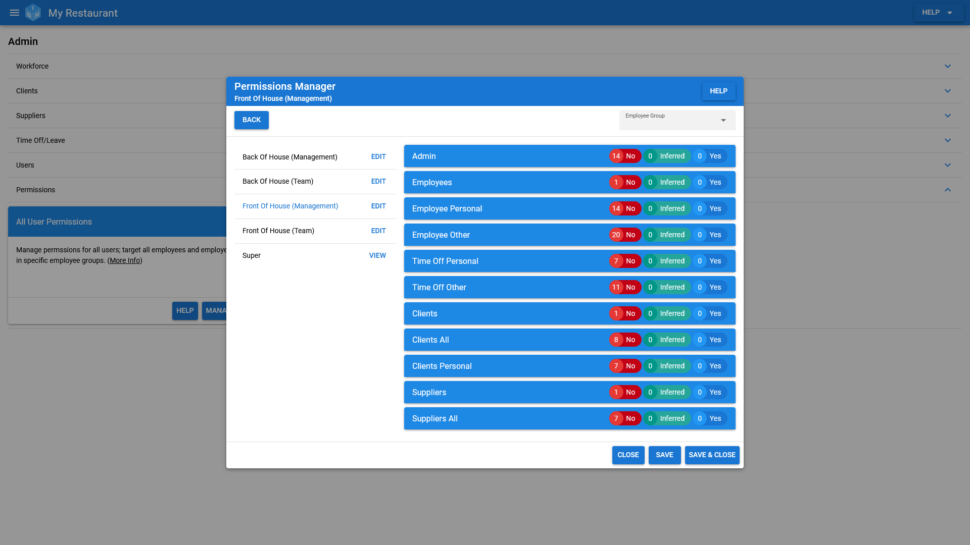 The OneBoxBM User Group Permissions Management screen