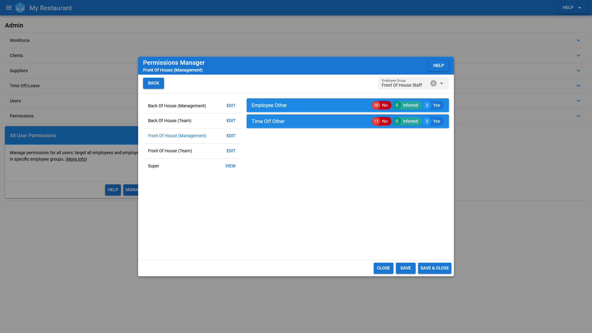 The OneBoxBM User Group Permissions Manager (Target group selected)