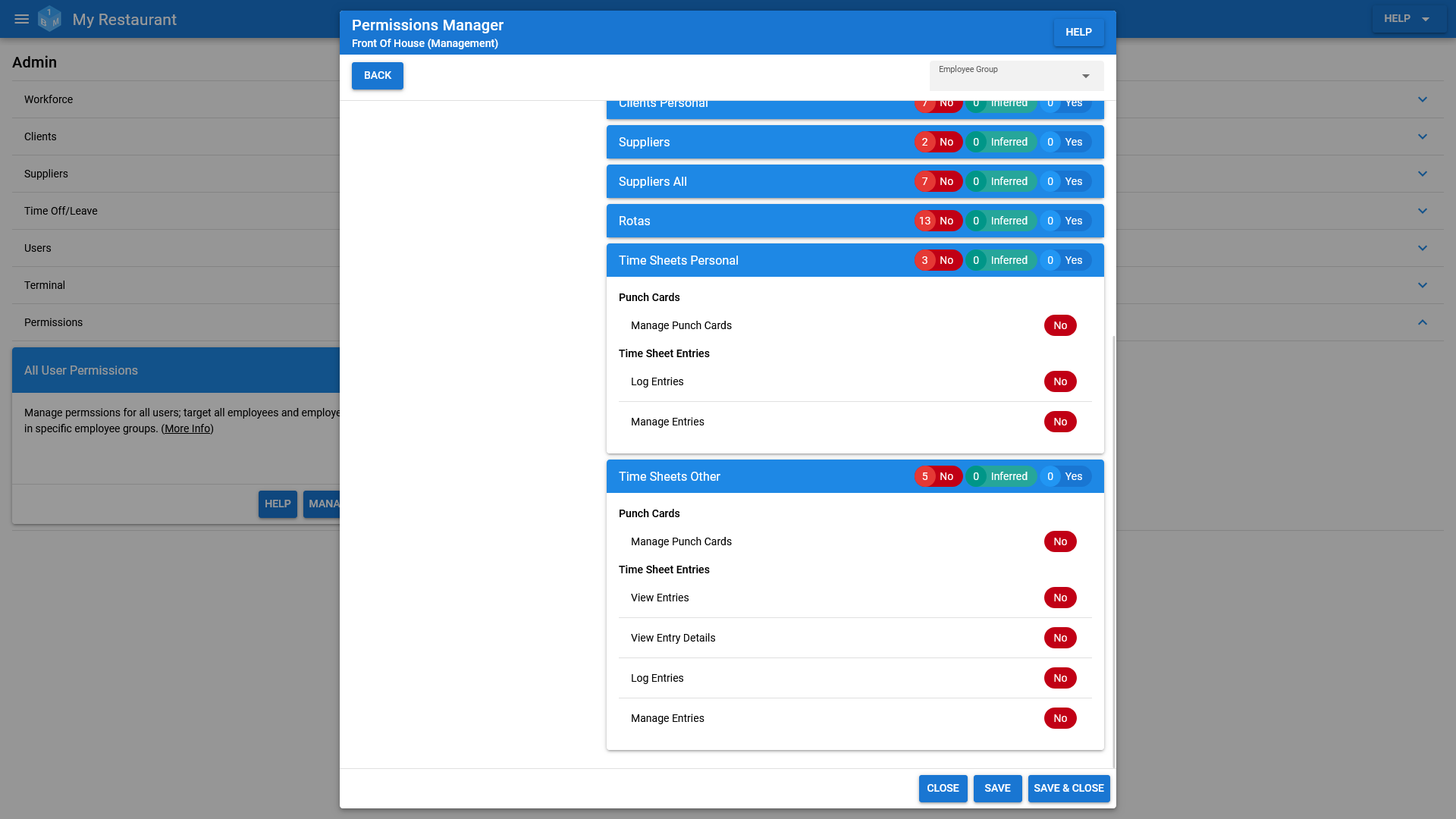 The OneBoxBM User Group Permissions Management screen