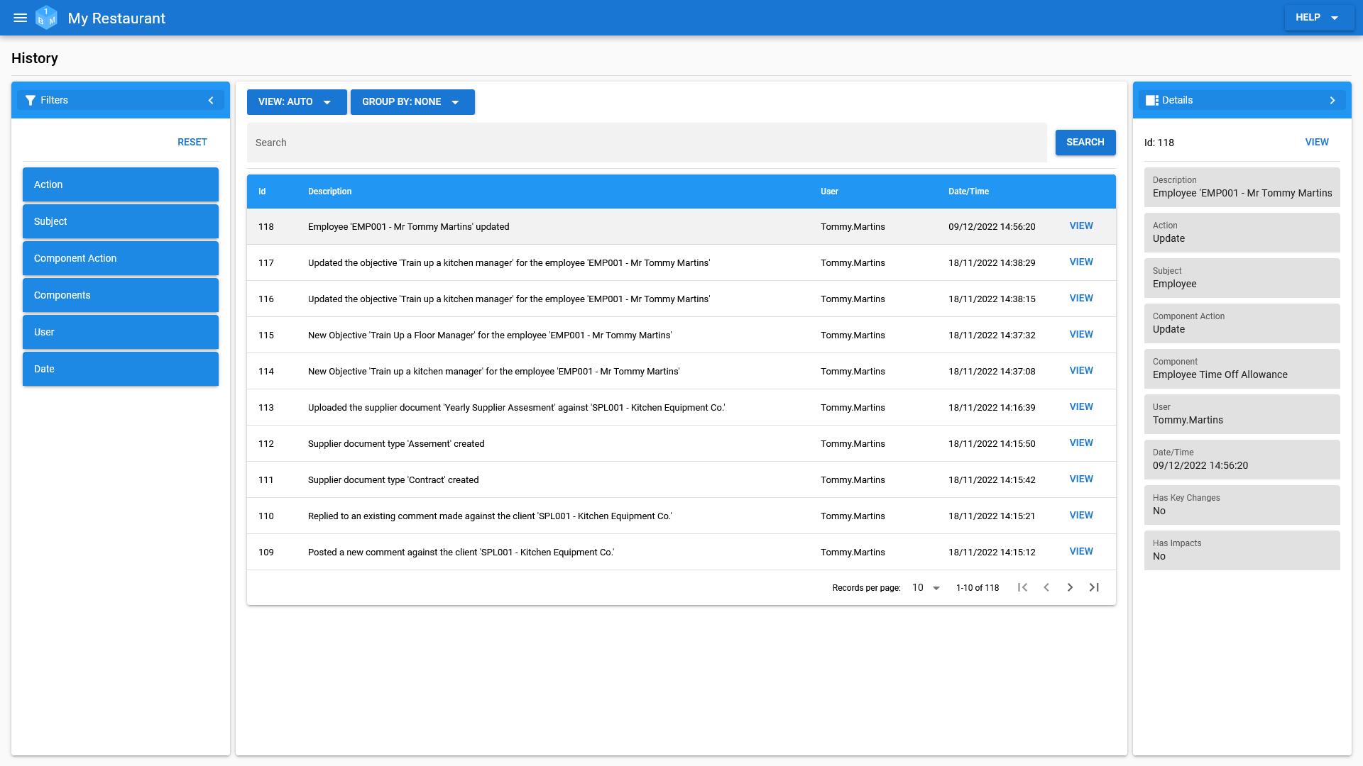 The OneBoxBM Audit/History screen