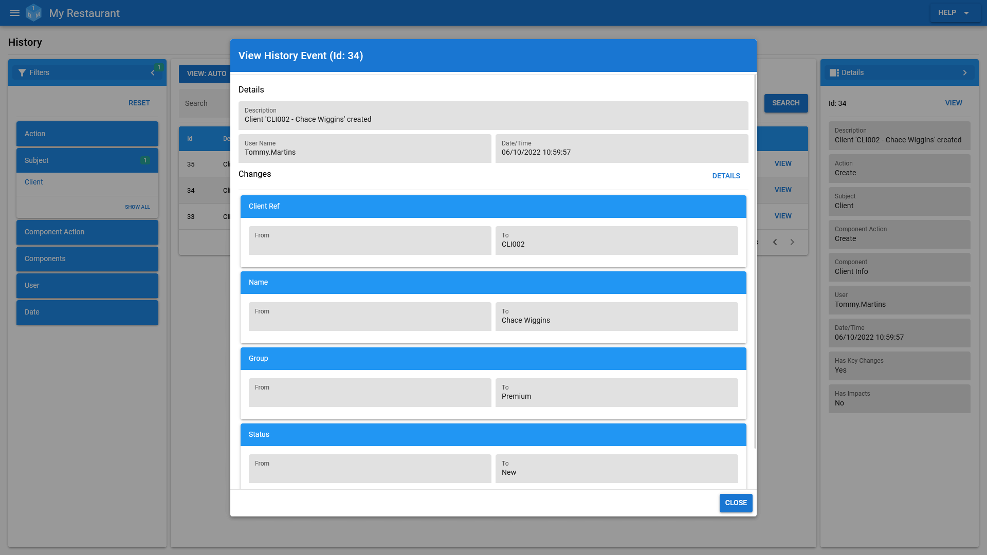 The OneBoxBM Client Audit/History Record