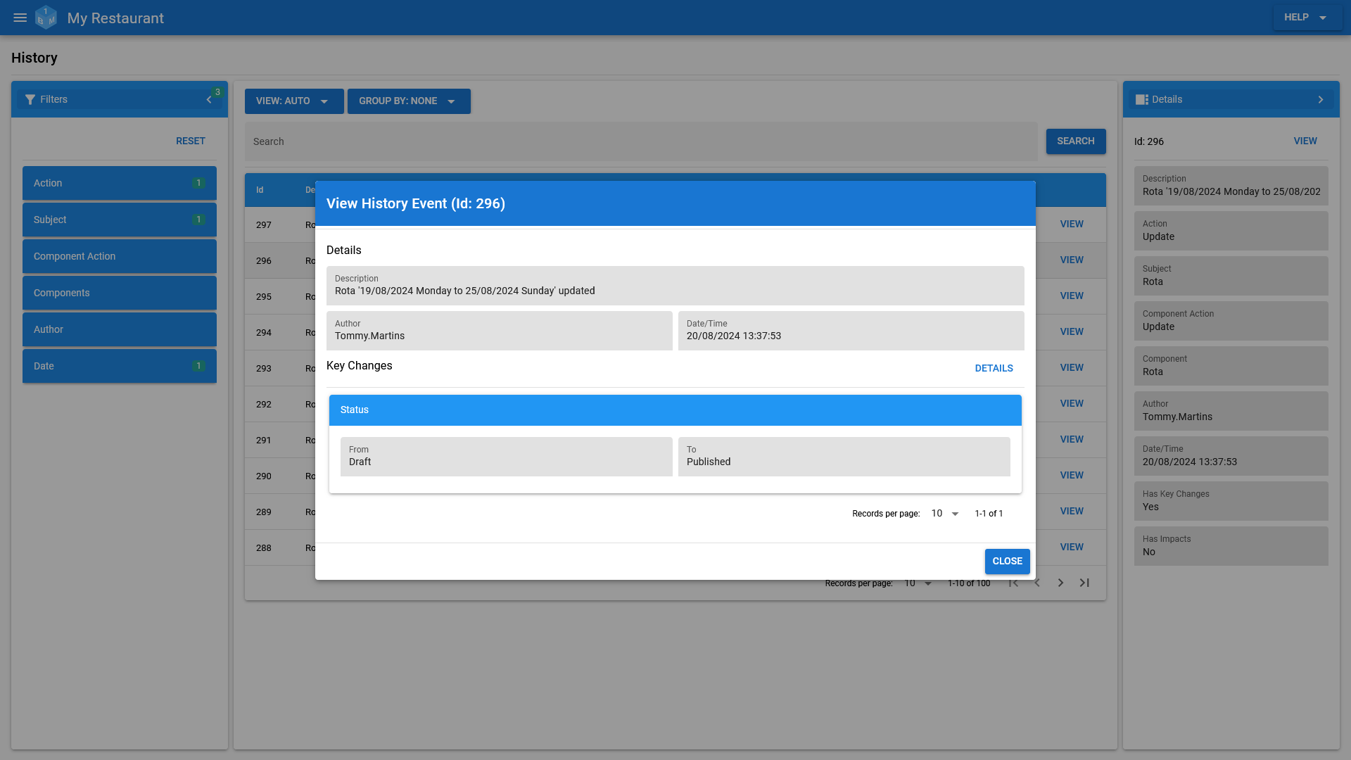 The OneBoxBM Staff Rota Audit/History Record