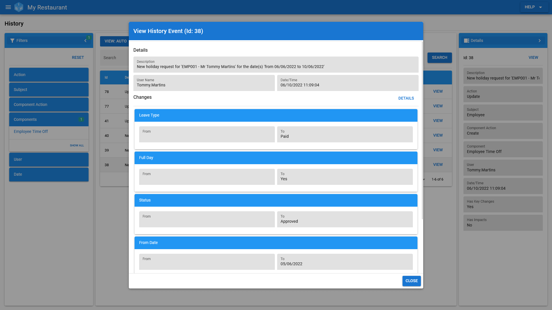 The OneBoxBM Time Off Audit/History Record