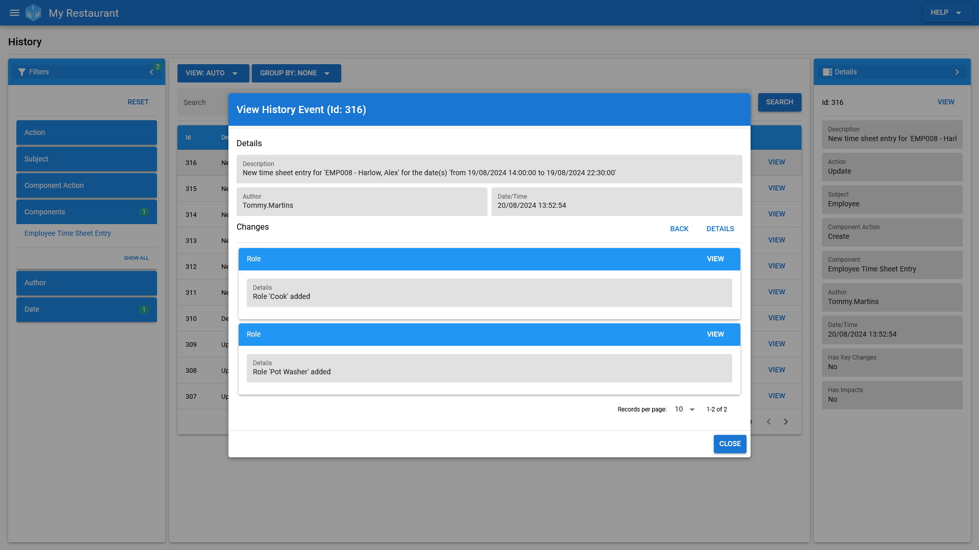 The OneBoxBM Time Sheet Entry Audit/History Record