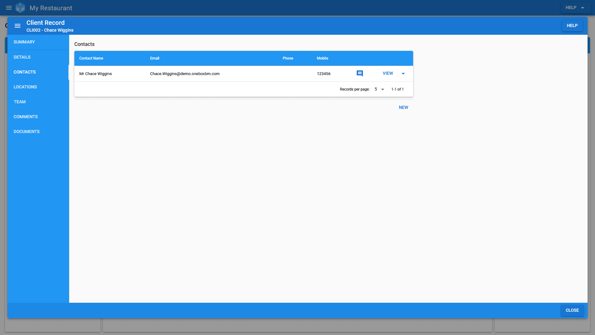 The OneBoxBM Client View Contacts tab