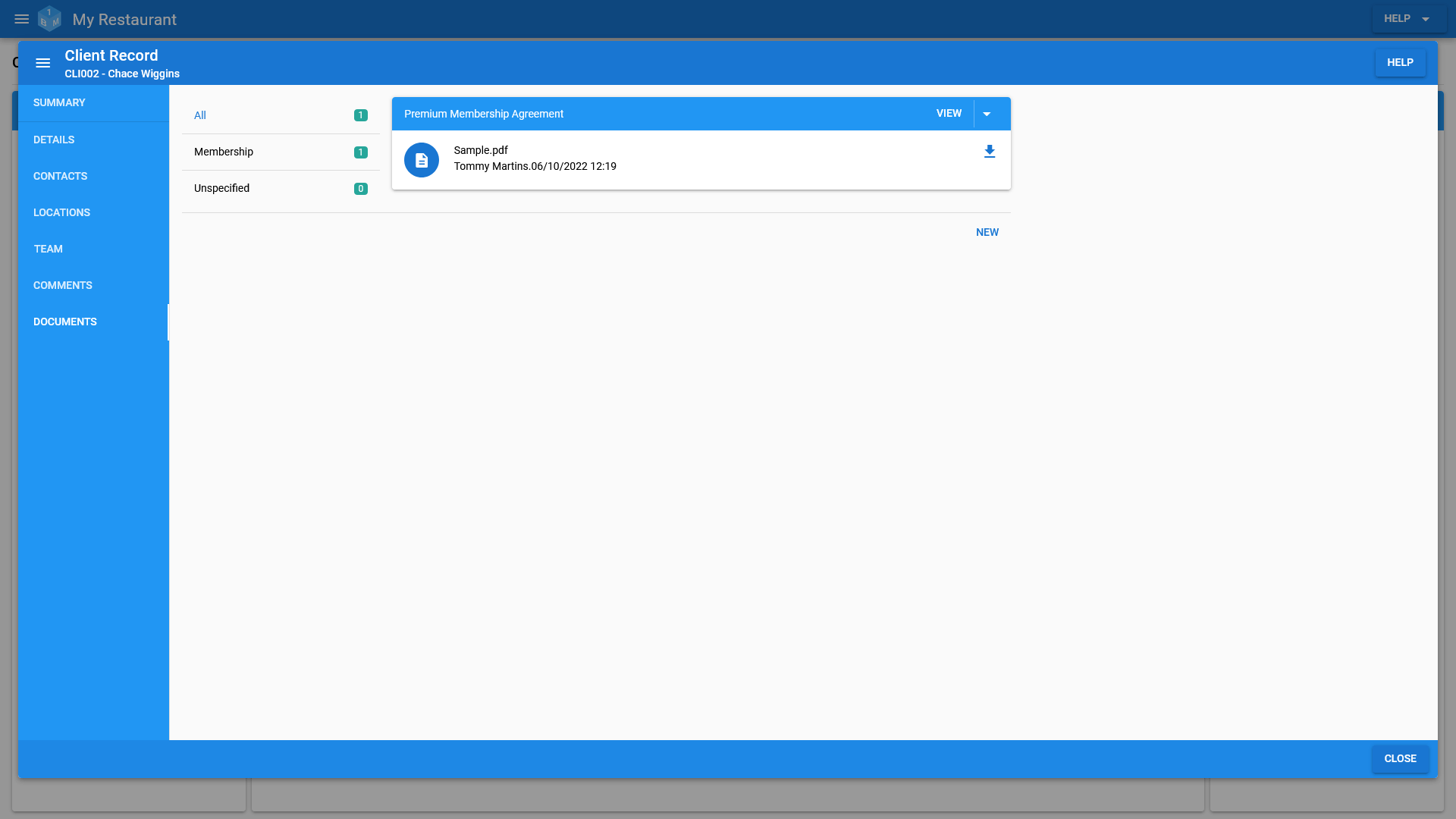 The OneBoxBM Client View Documents tab