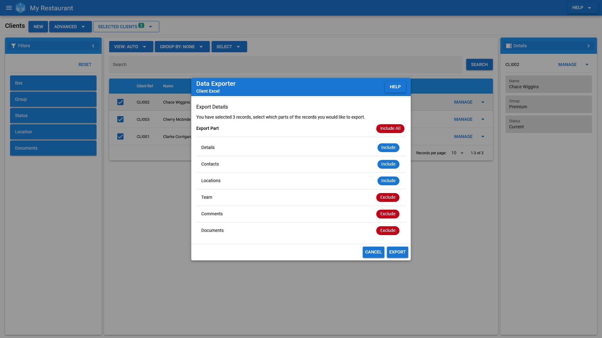 Export client records to Excel from within OneBoxBM