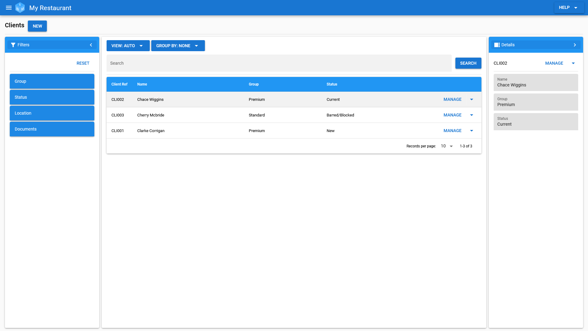 The OneBoxBM Clients Management screen