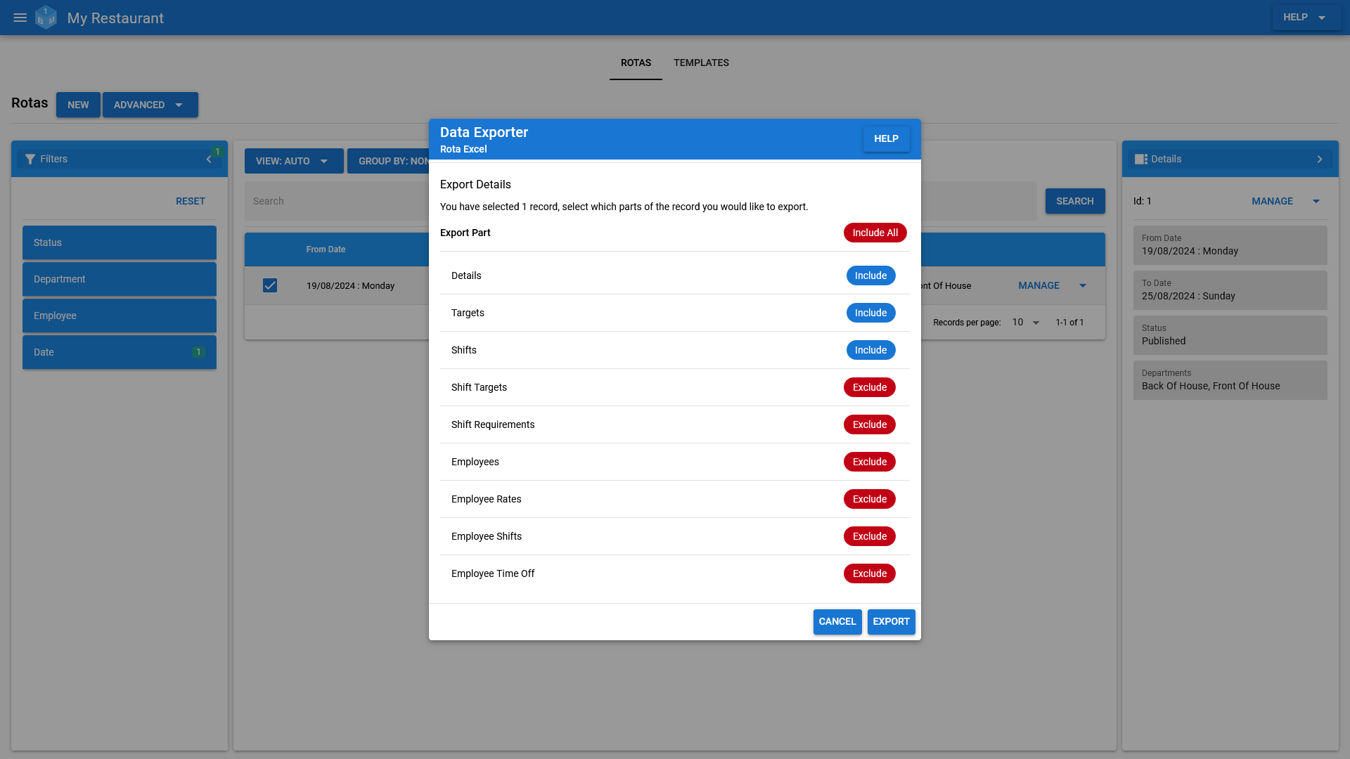 Export your staff rotas to Excel from within OneBoxBM