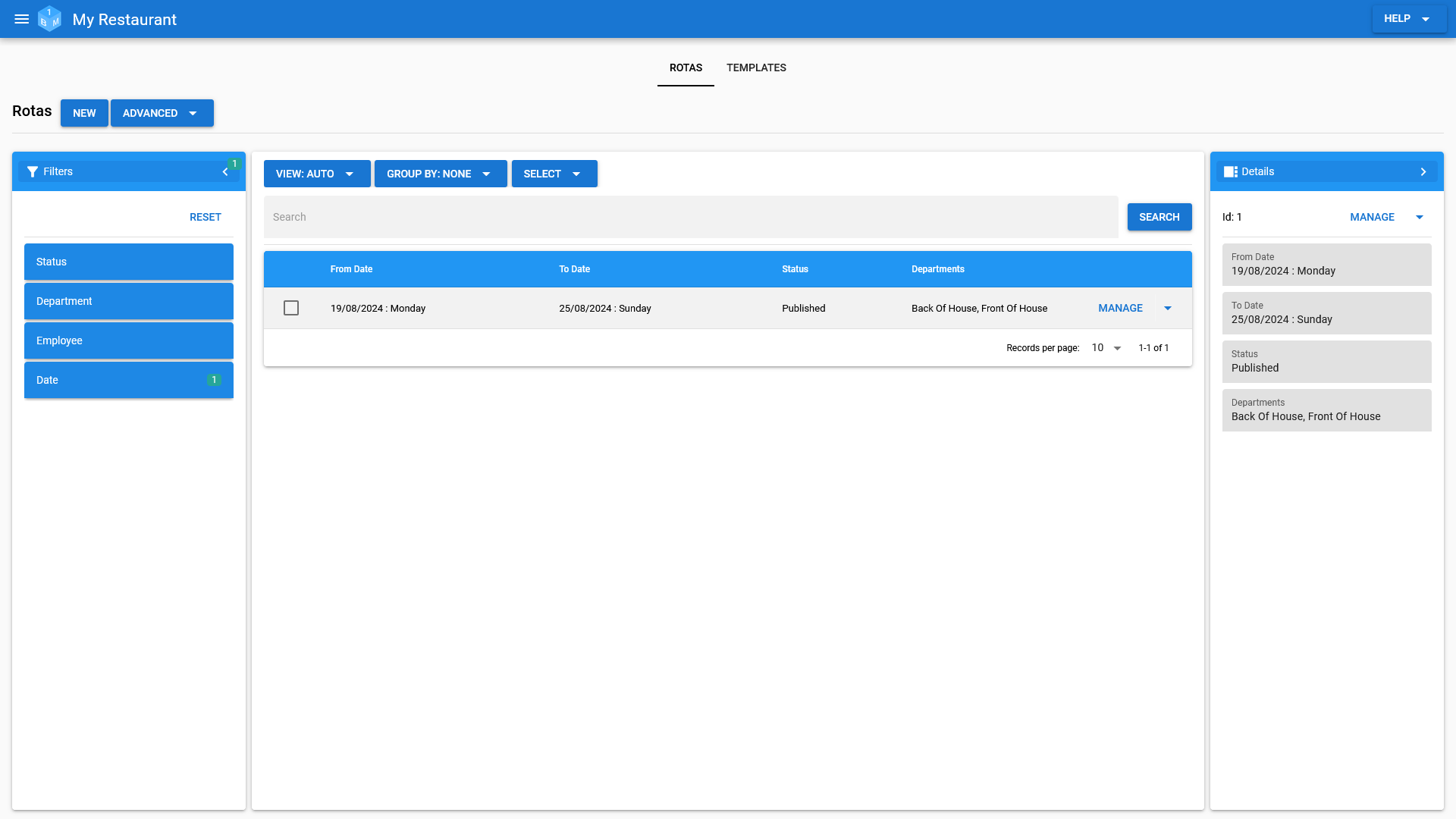 The OneBoxBM Staff Rota Management screen