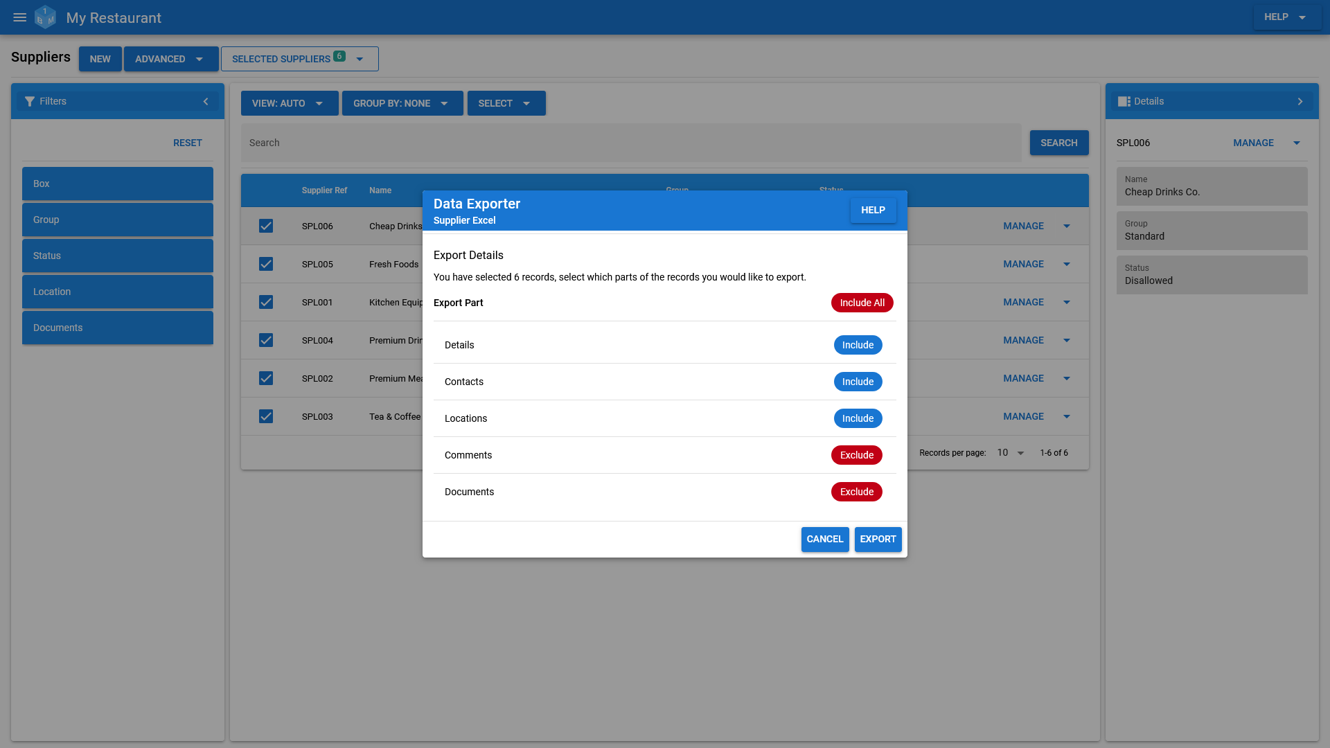 Export supplier records to Excel from within OneBoxBM