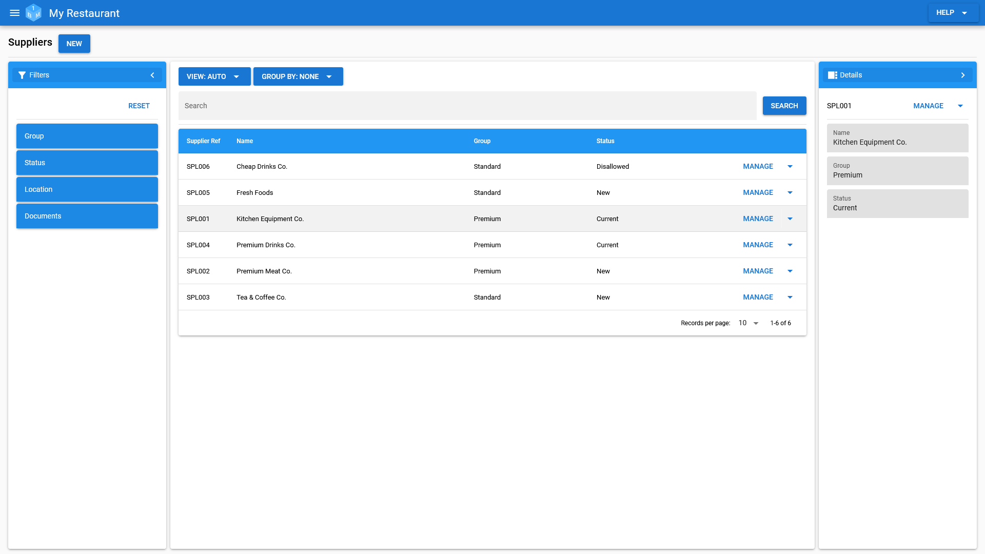 The OneBoxBM Supplier Management screen