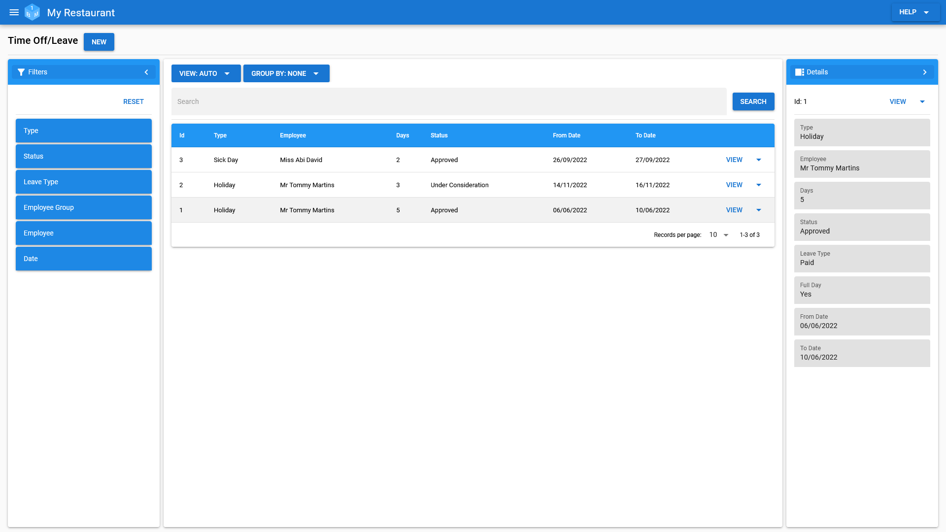 The OneBoxBM Time Off/Leave Request Management screen