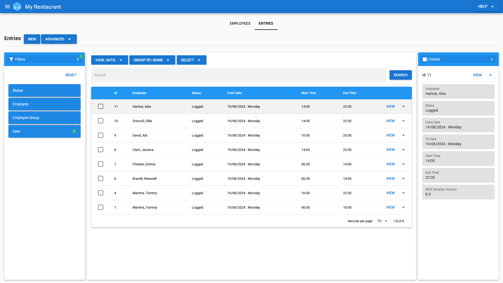 The OneBoxBM Time Sheet Entry Management screen