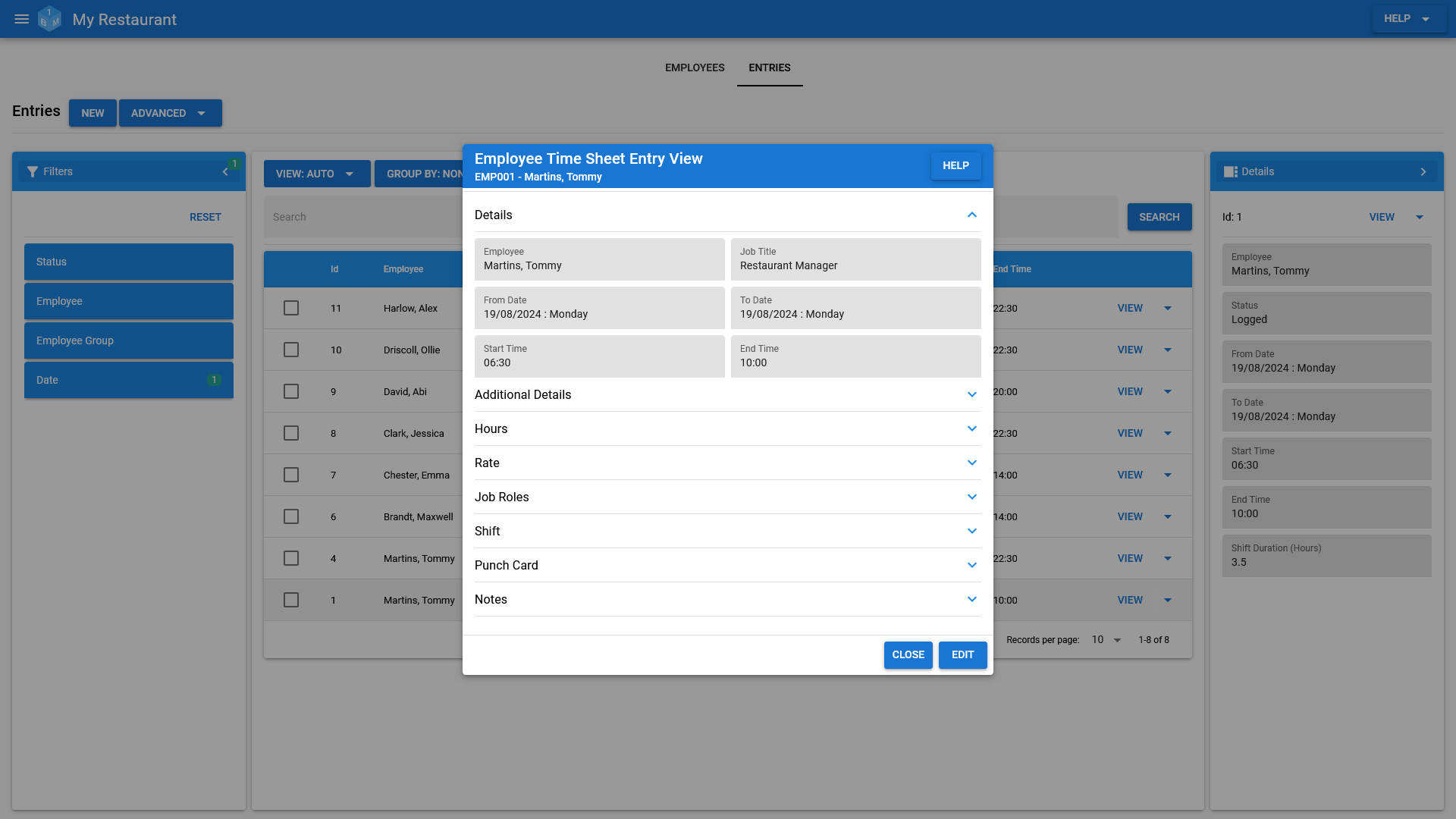 An Employees Time Sheet Entry In OneBoxBM