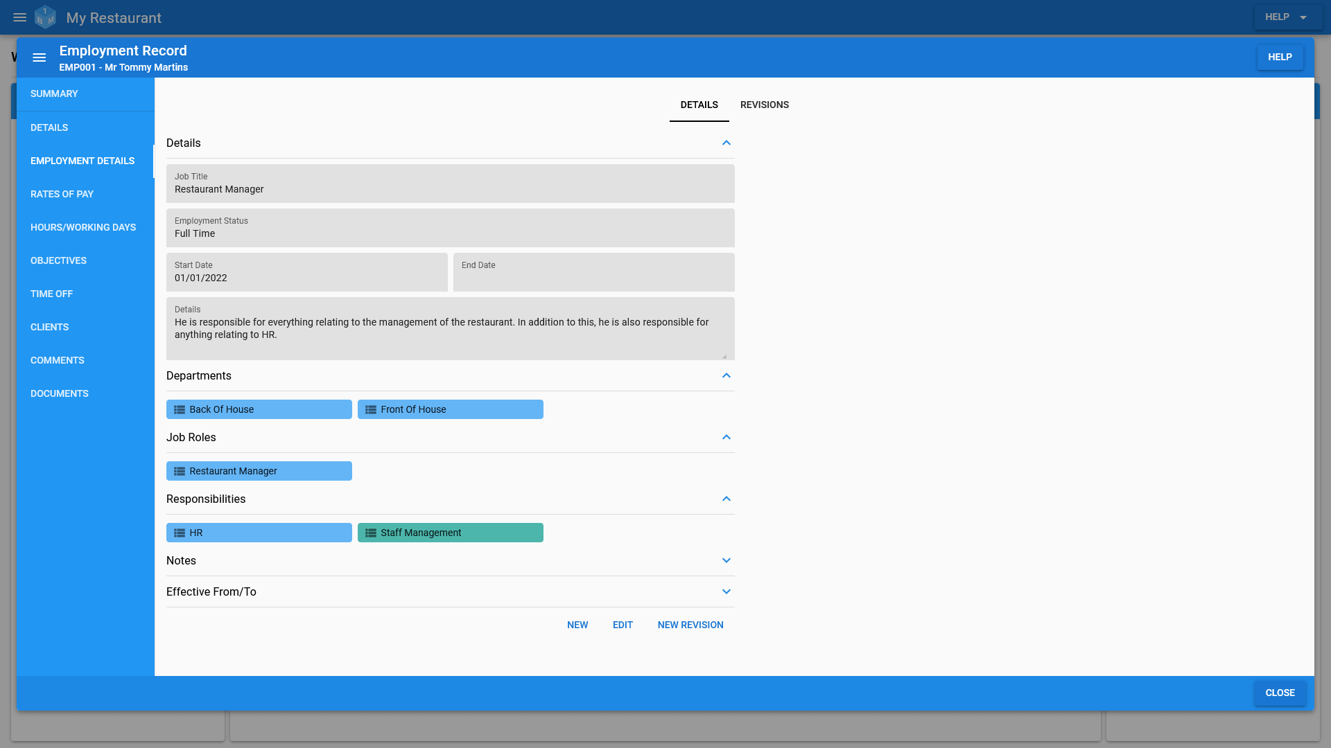 The OneBoxBM Employee View Employment Details tab