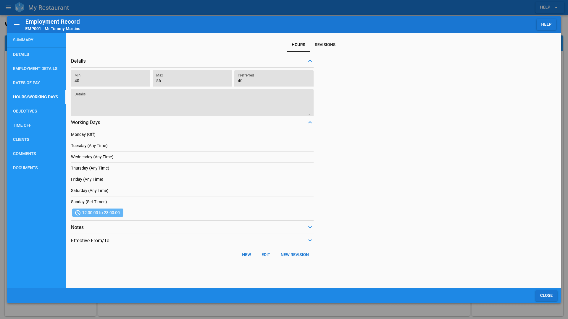 The OneBoxBM Employee View Hours and Working Days tab