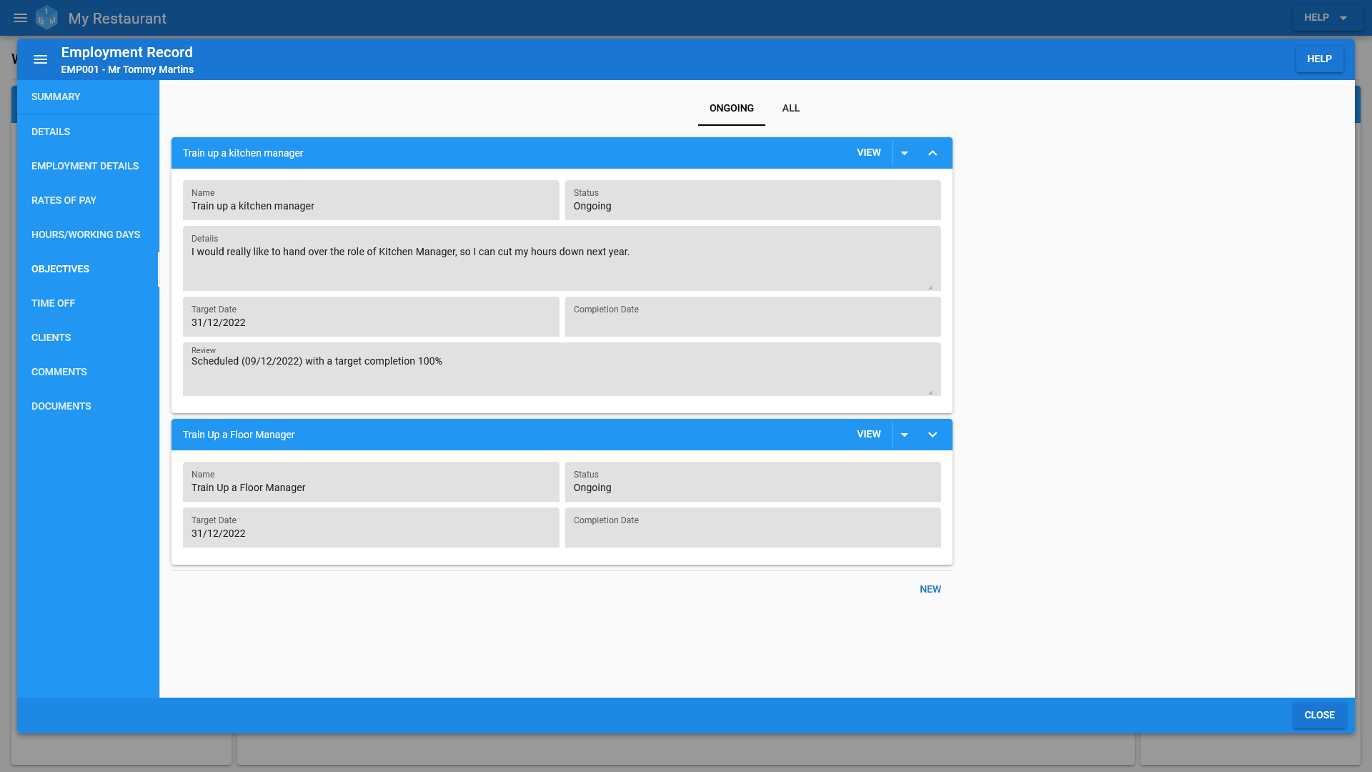 The OneBoxBM Employee View Objectives tab