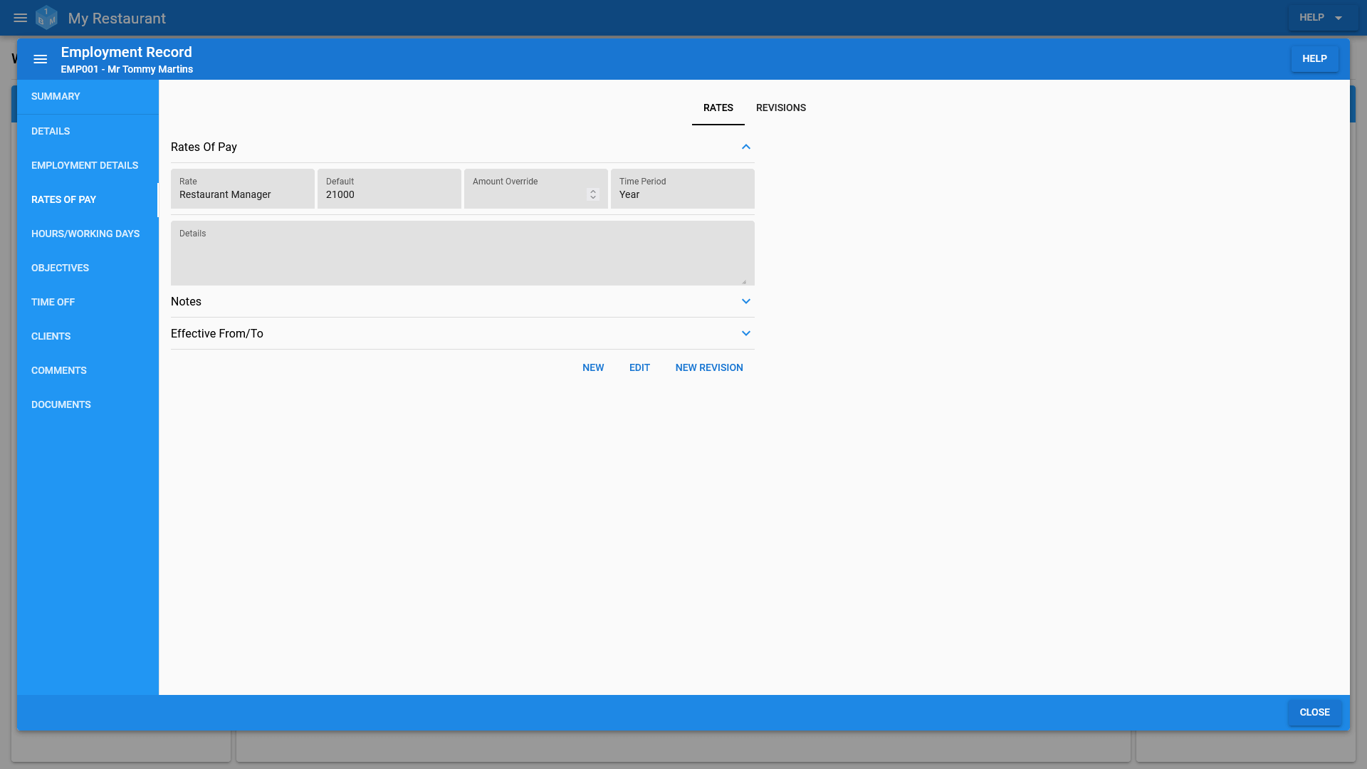 The OneBoxBM Employee View Rates Of Pay tab