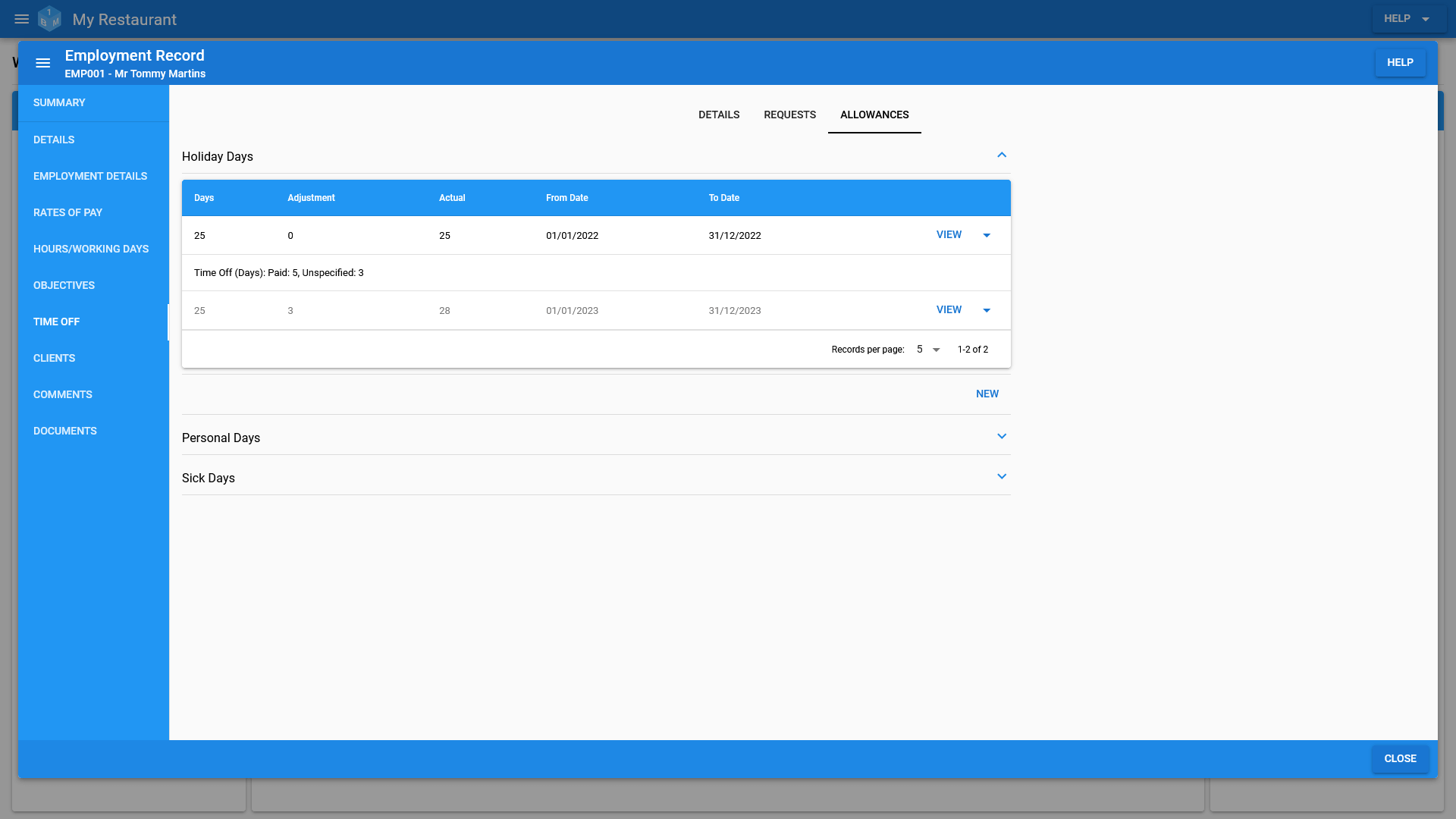 The OneBoxBM Employee View Time Off/Leave Allowances