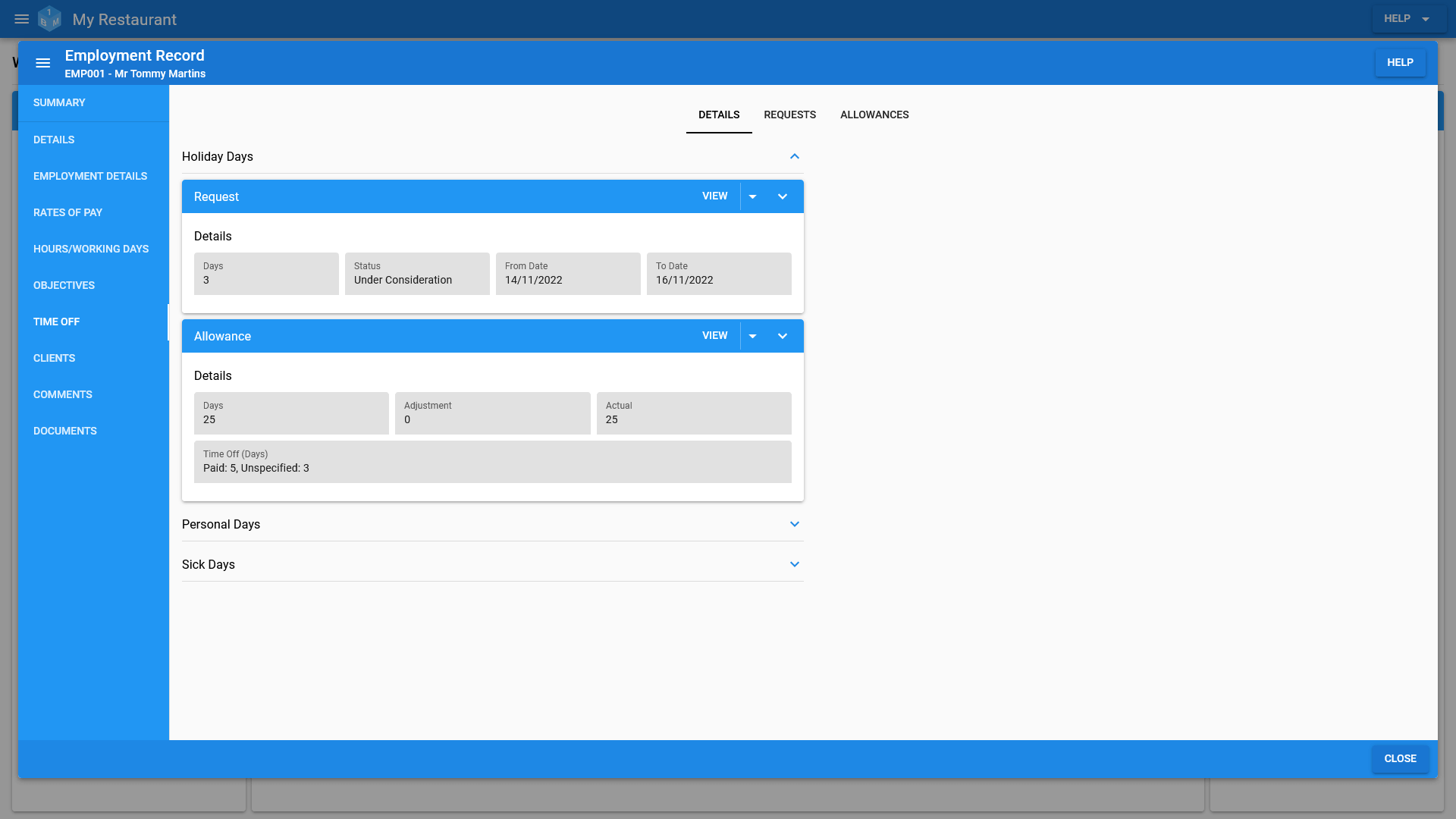 The OneBoxBM Employee View Time Off/Leave tab