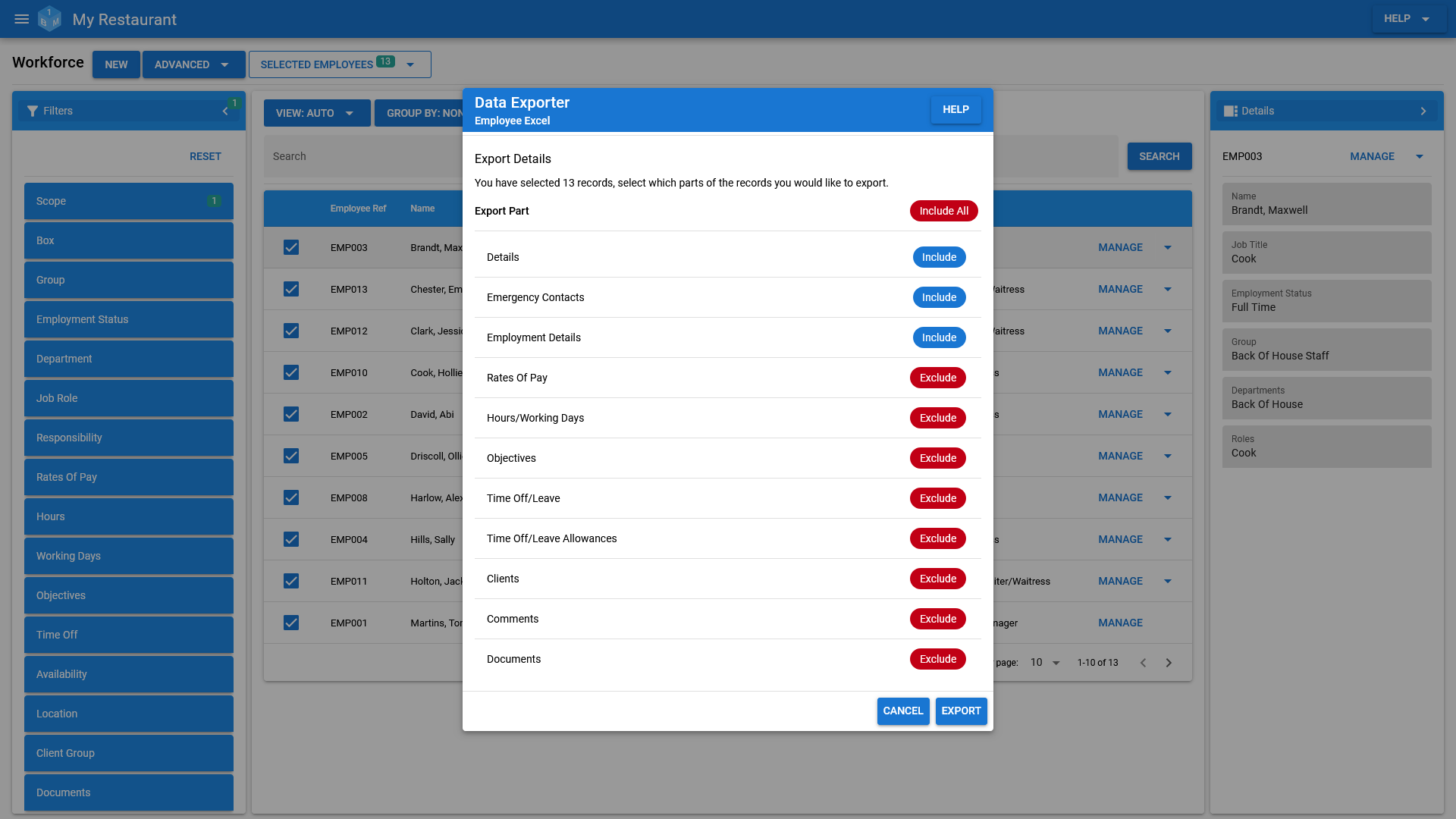 Export employee records to Excel from within OneBoxBM