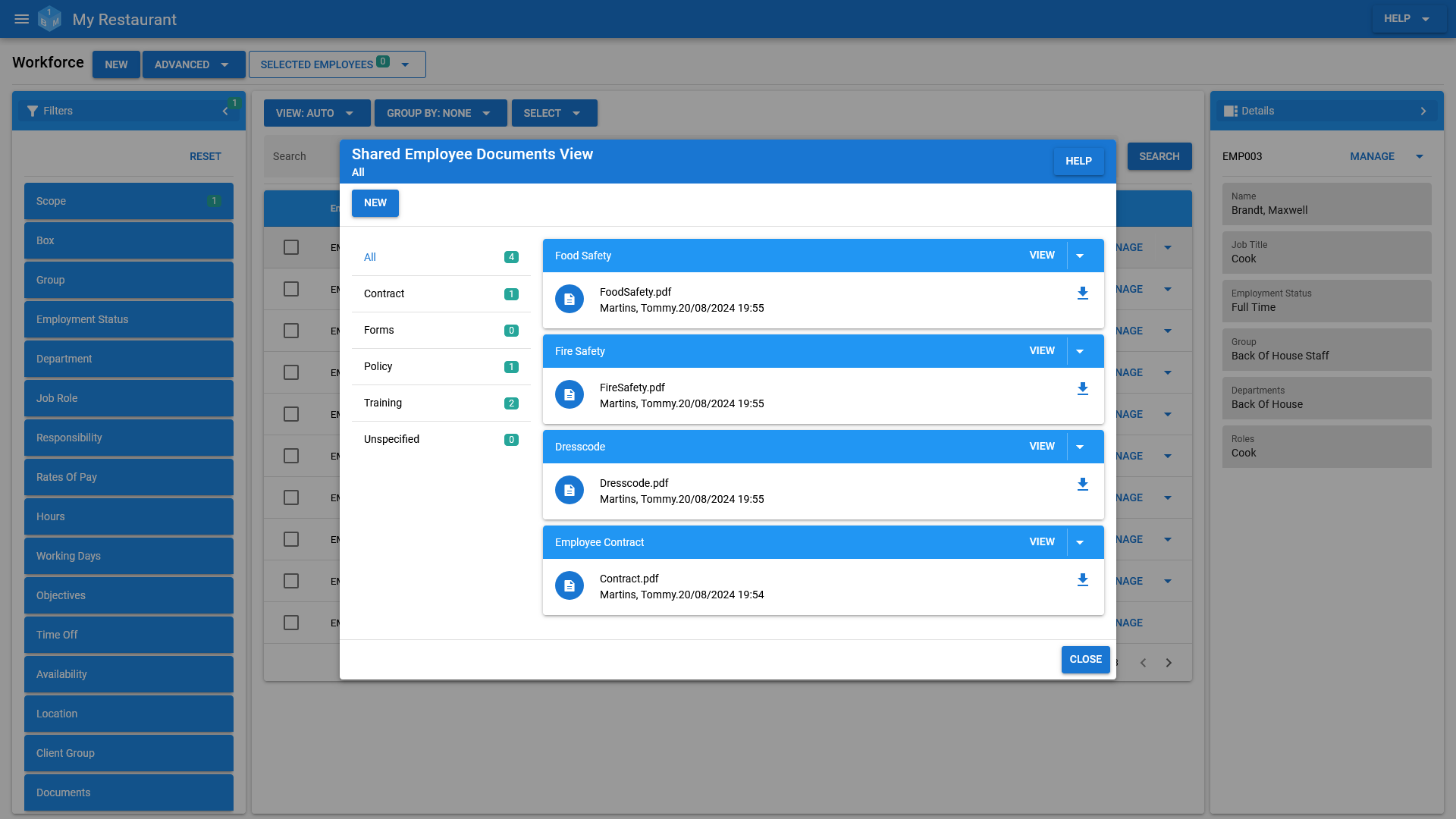 Shared Employee Documents in OneBoxBM