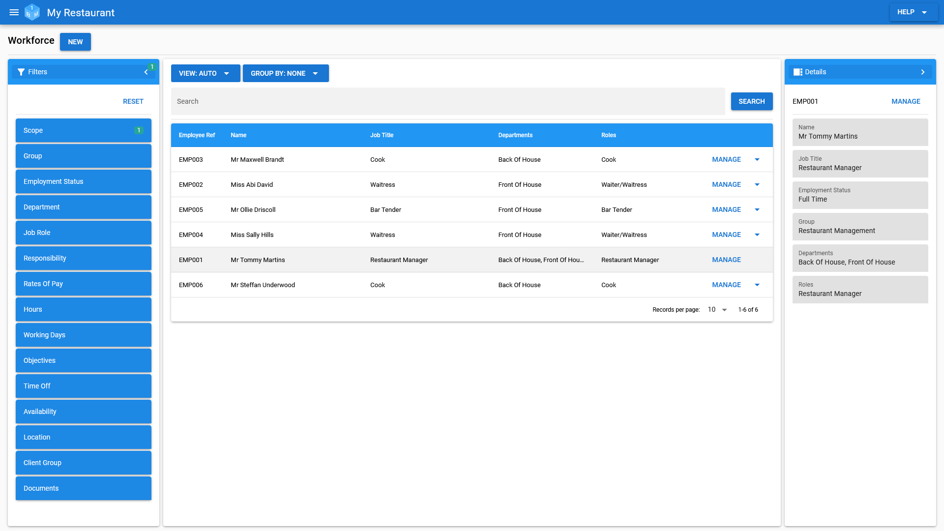 The OneBoxBM Workforce Management screen